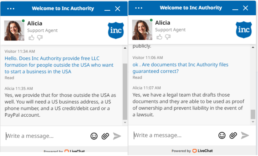 2 screenshots of a live chat support dialogue where the agent answered questions in the positive about the availability of a free LLC for non-US residents, and the guaranteed accuracy of filed documents.