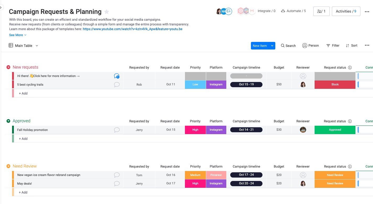 A screenshot of monday.com's client campaigns for agencies template showing a table view of the project