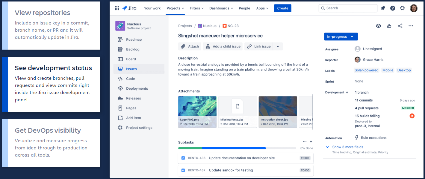 A screenshot of Jira Software showing an issue (or task) with attached files and information about the associated code repository.