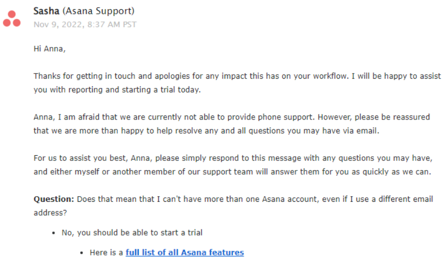 Asana email support