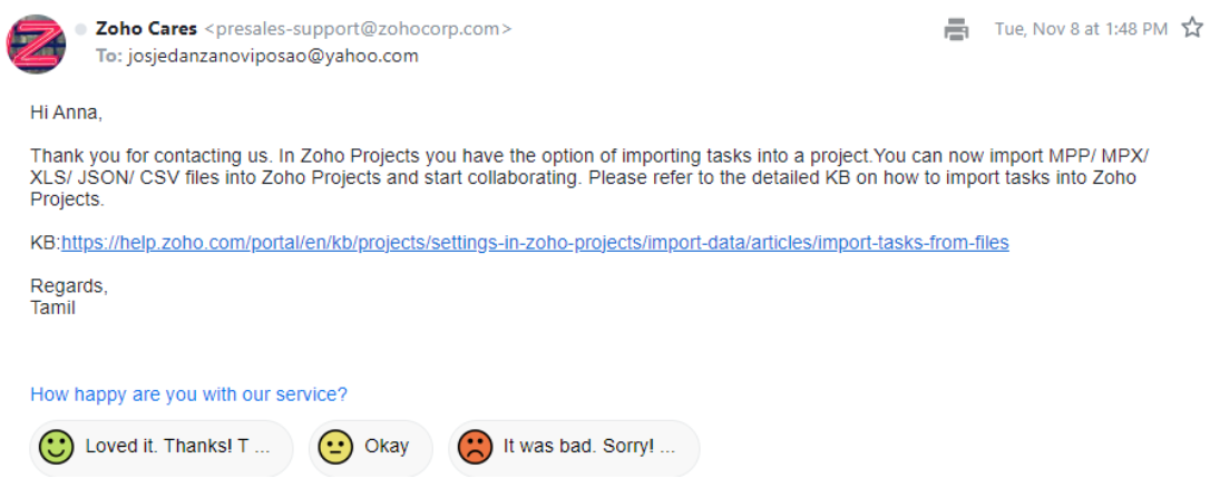 Zoho Projects Email Support