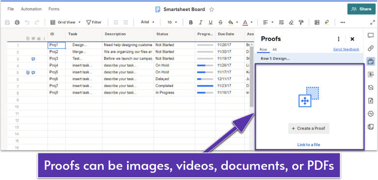 Smartsheet proofing tools.