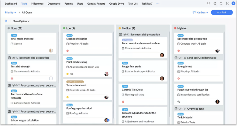 Zoho Projects construction project Kanban view.