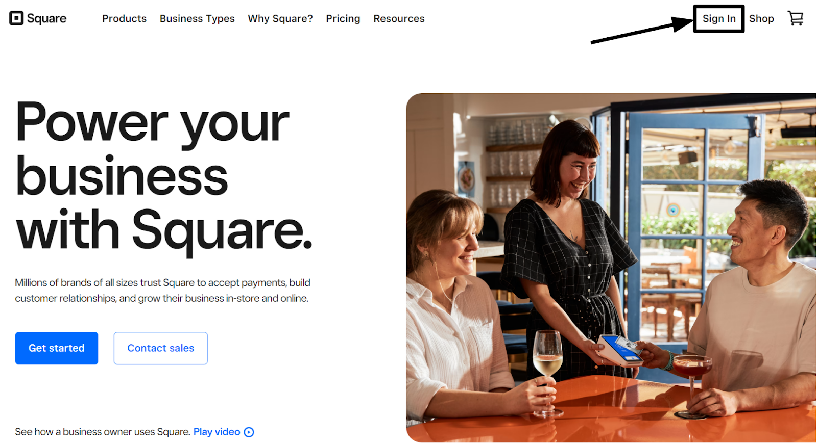 A screenshot of Square's homepage showing how to log in to Square