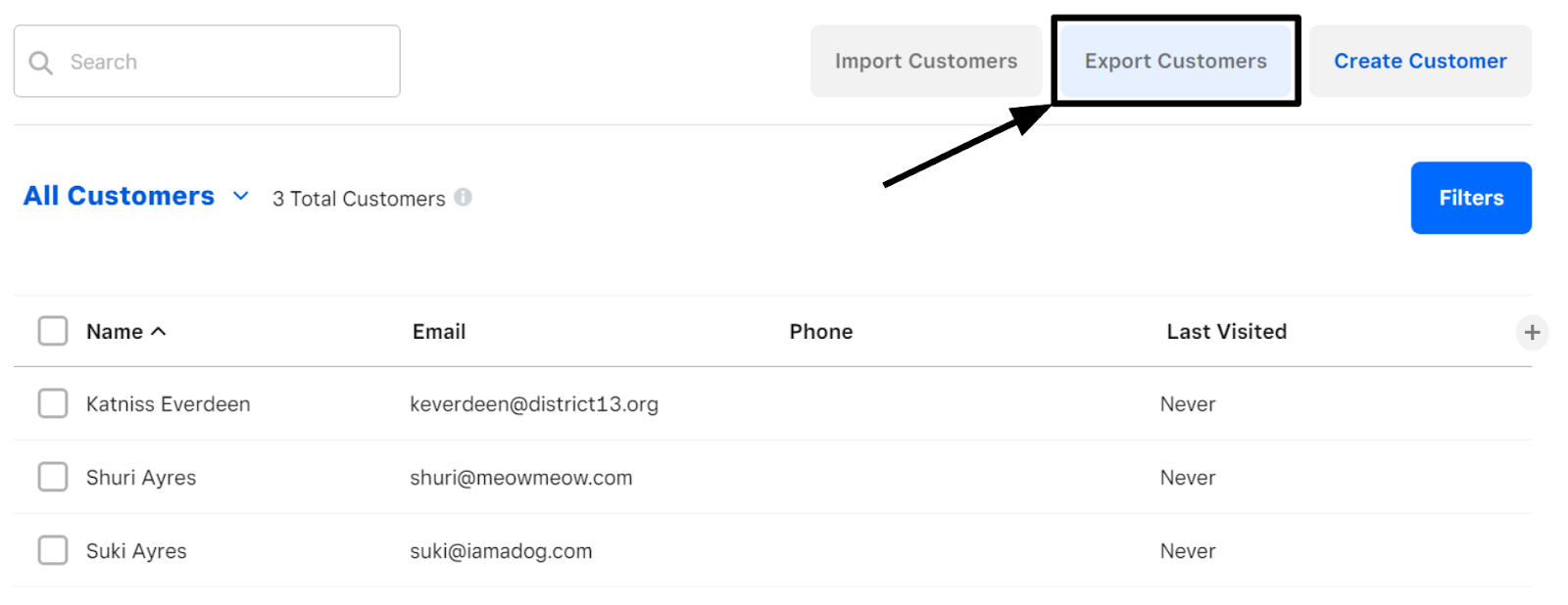 A screenshot of the Square Customers list showing how to export your customer list