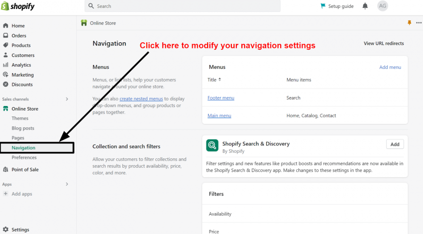 Shopify Navigation Settings