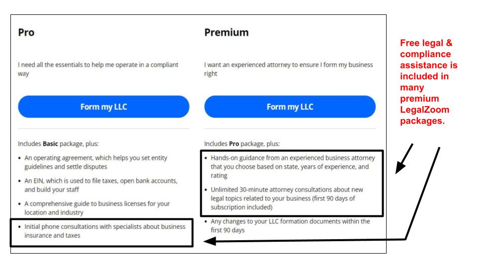 LegalZoom's paid LLC formation packages and included specialist support
