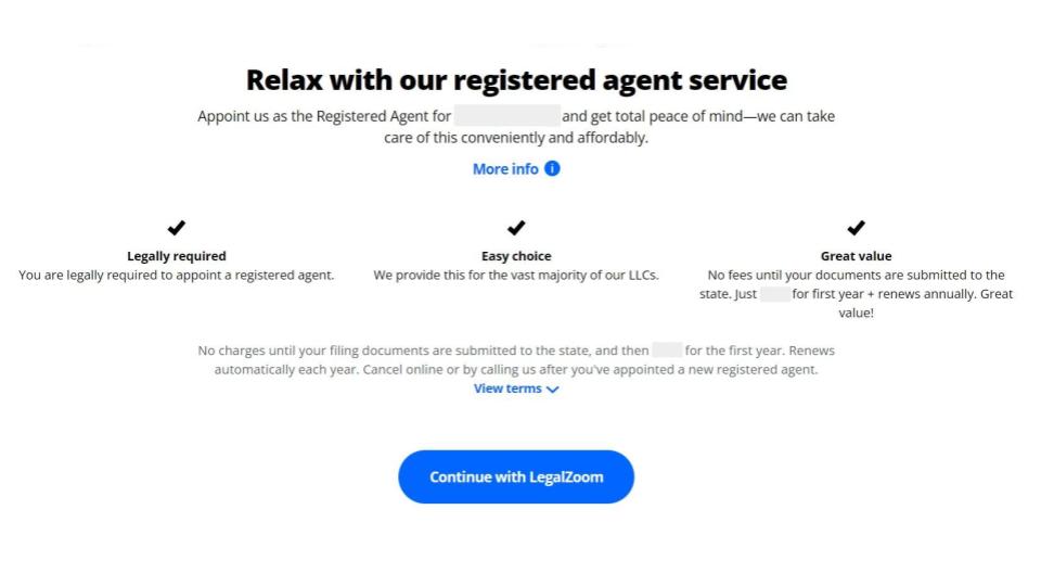 LegalZoom's registered agent service subscription