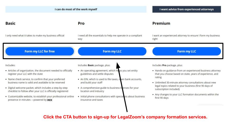 LegalZoom's free and paid LLC formation packages