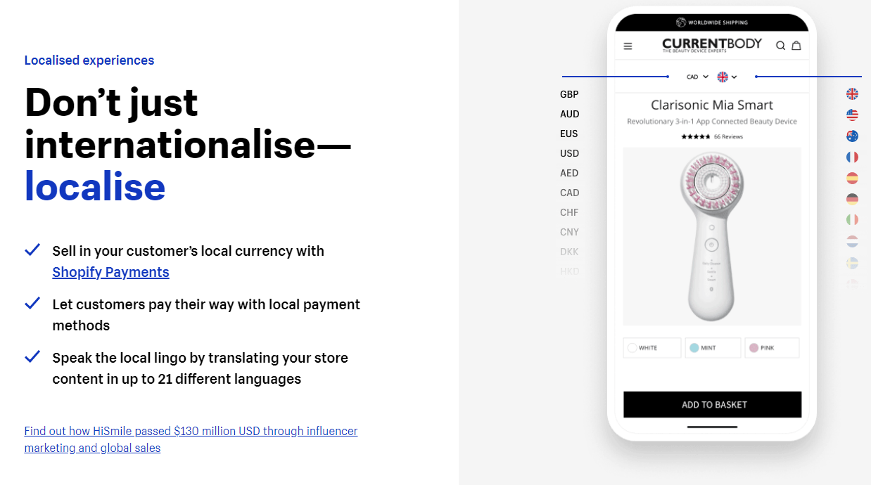 A screenshot of Shopify's website explaining how localized storefronts work