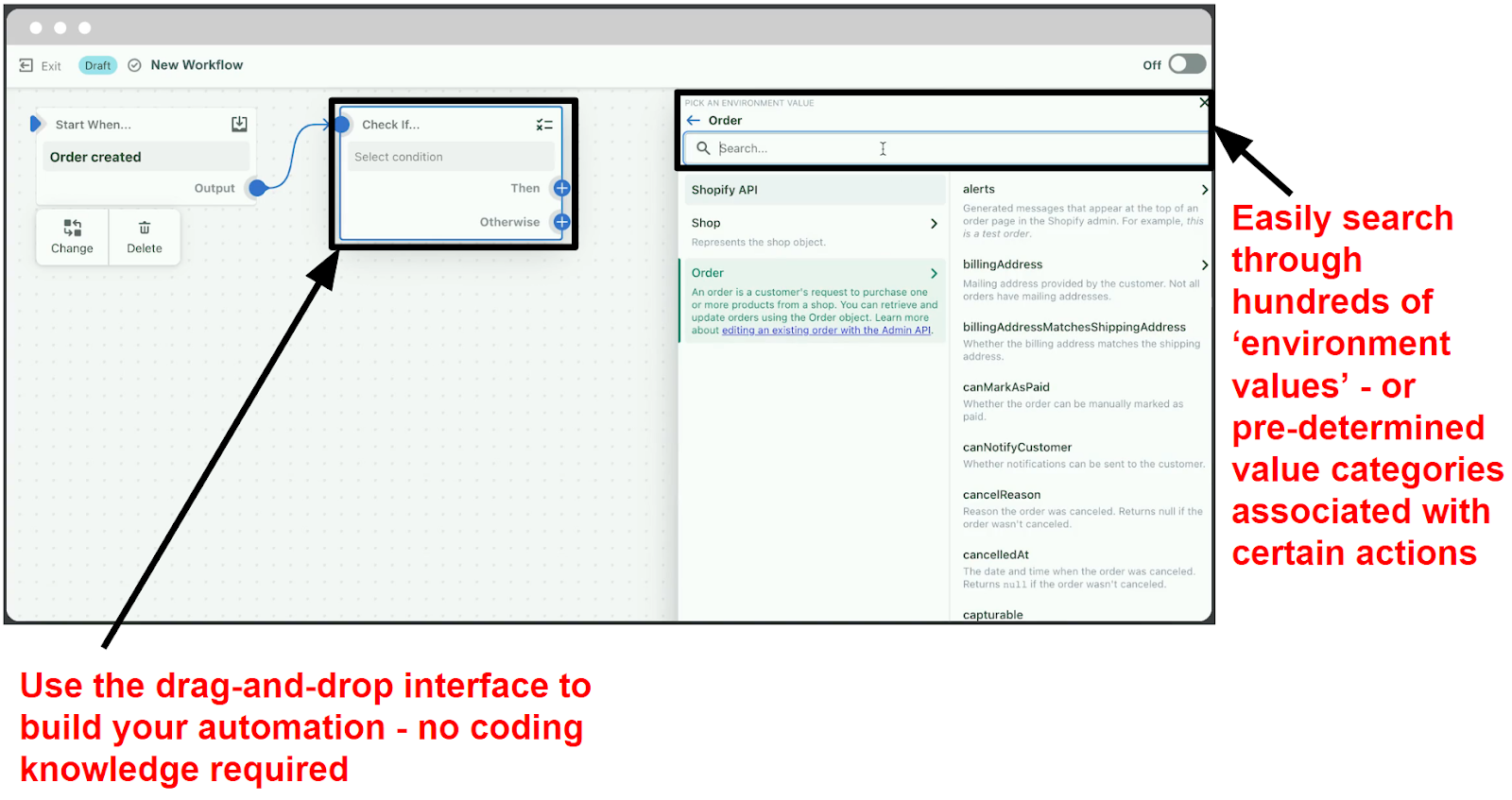 A screenshot of Shopify Flow showing how to build an automation