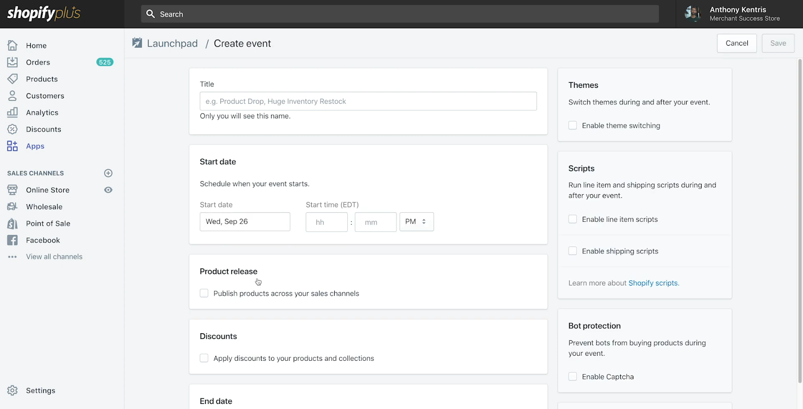 A screenshot showing how to set up an event in Shopify Launchpad