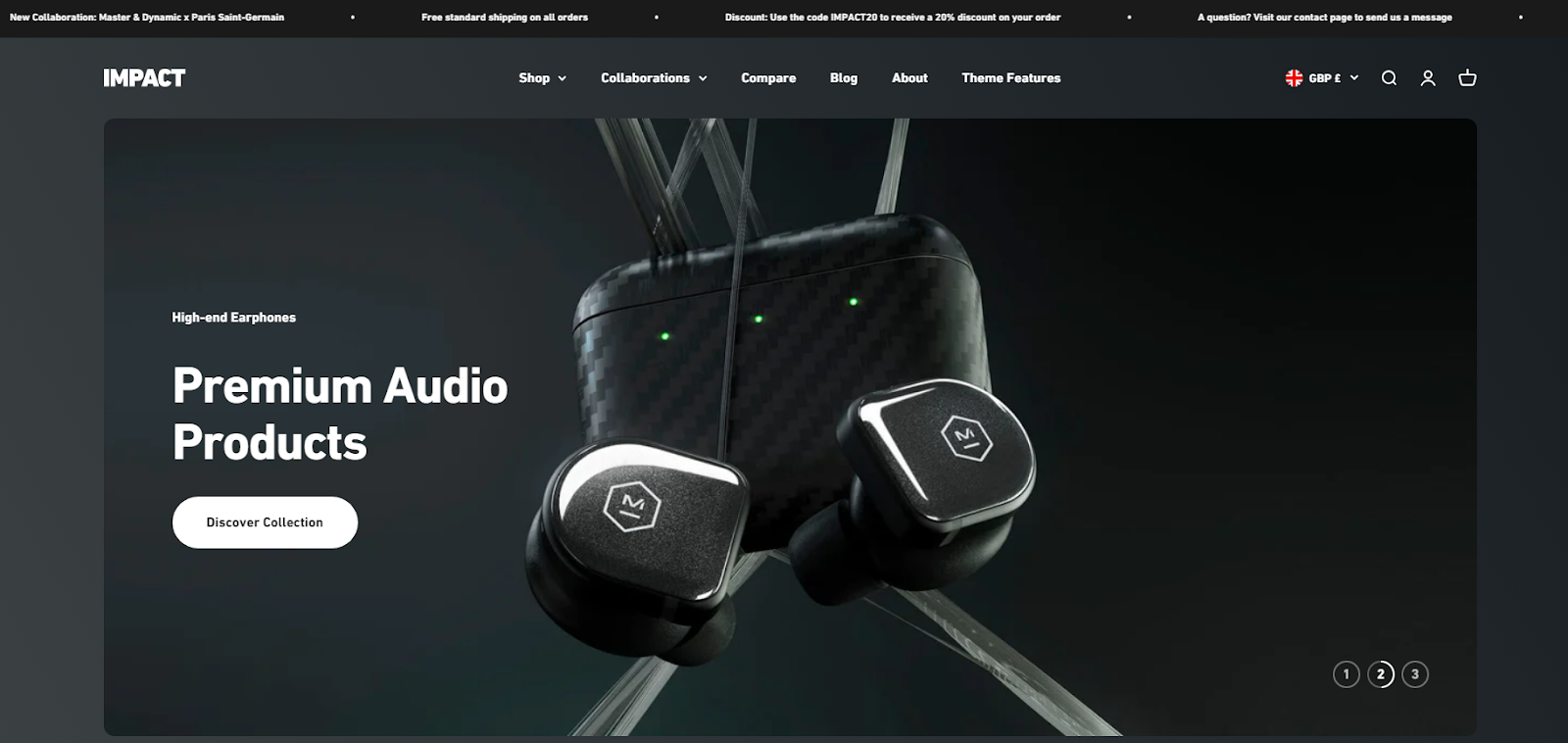 Shopify's Sound template, which shows an electronics e-commerce store with a large image of earphones