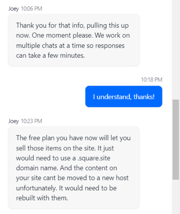 Square Online’s live chat support example