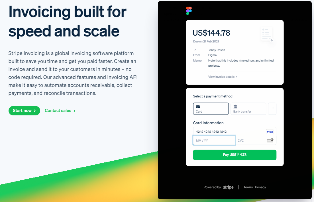 A screenshot of Stripe Invoicing showing an example invoice and checkout