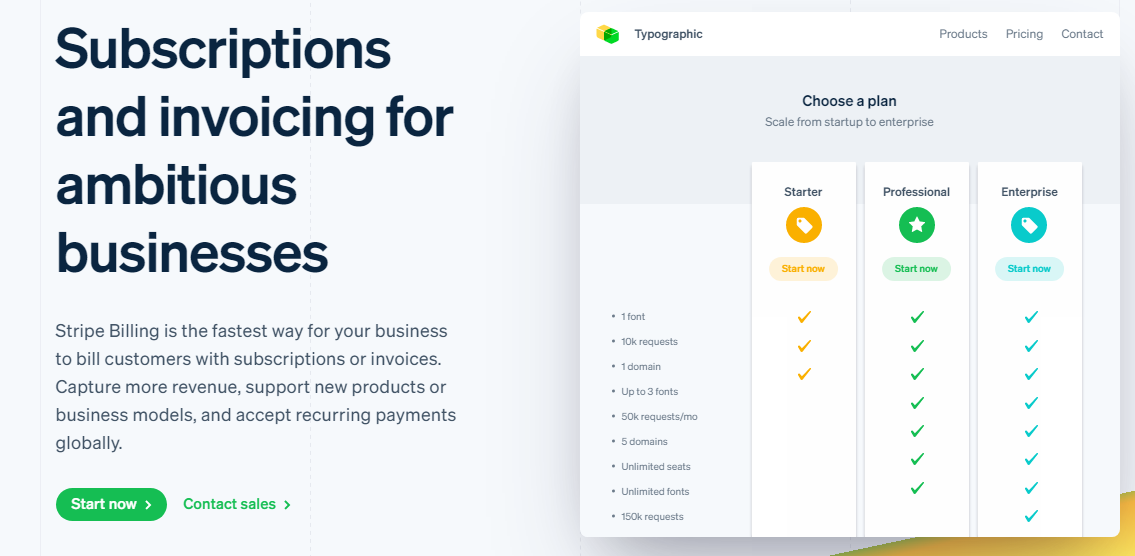 A screenshot of Stripe Billing showing how it supports different payment plans