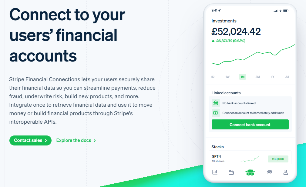 A screenshot of Stripe Financial Connections showing its investment tracking dashboard