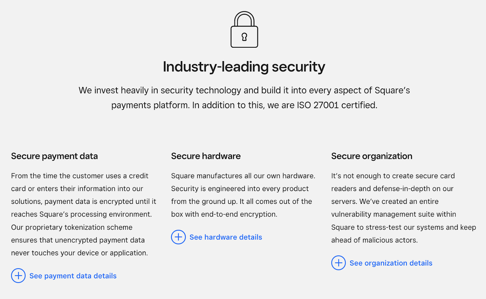 Square's security features including secure payment data, secure hardware, and secure organization