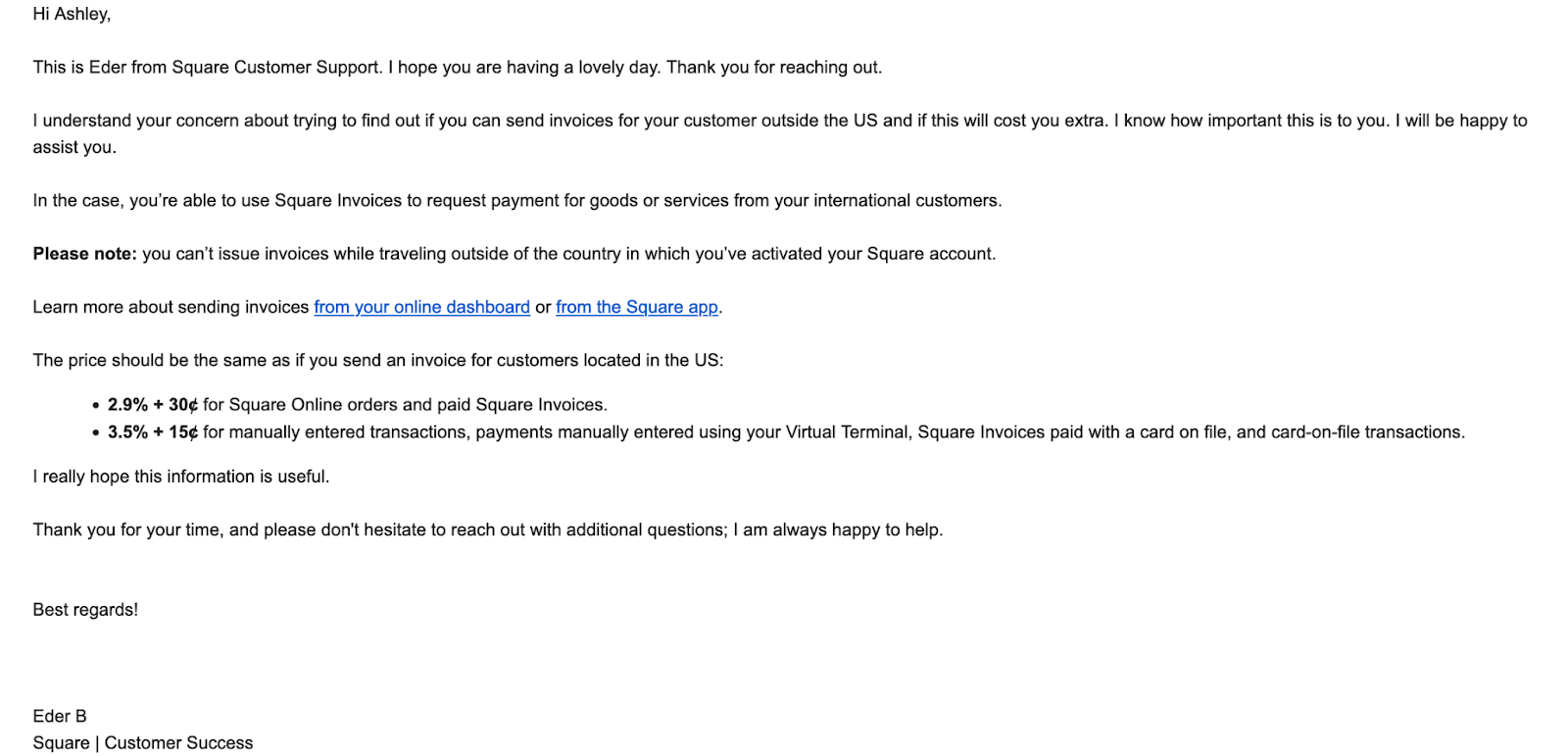 Email interaction with Square representative