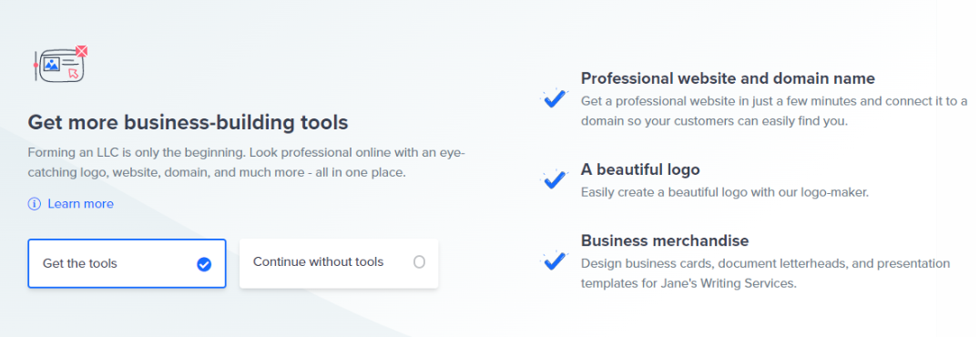 a screenshot depicting the business building tools offered by Tailor Brands including a website, domain name, logo and merchandise