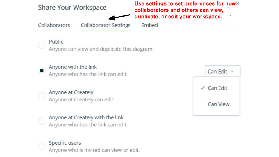 Creatley settings for adding collaborators and setting permissions.