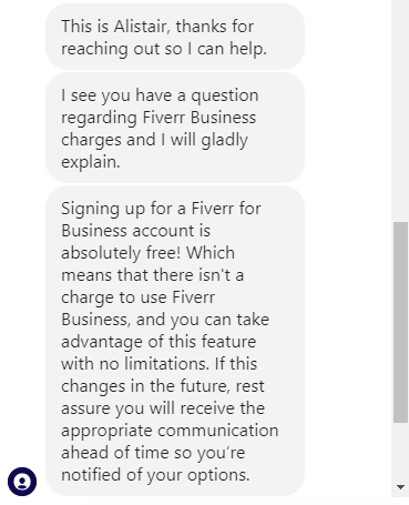 Fiverr Business live chat support response