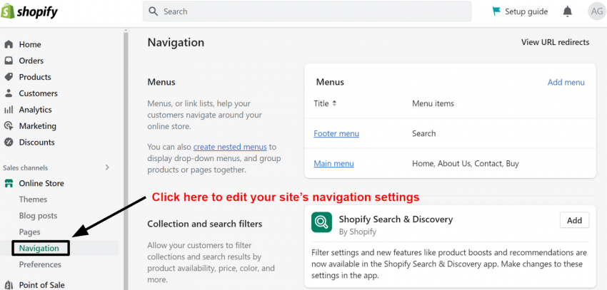 Shopify Navigation Settings