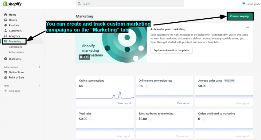 A screenshot of Shopify's Marketing tab, showing how to create a custom marketing campaign