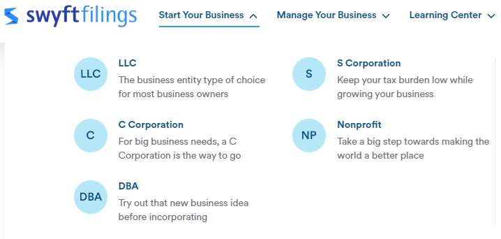 Swyft Filings drop-down menu of business formation services