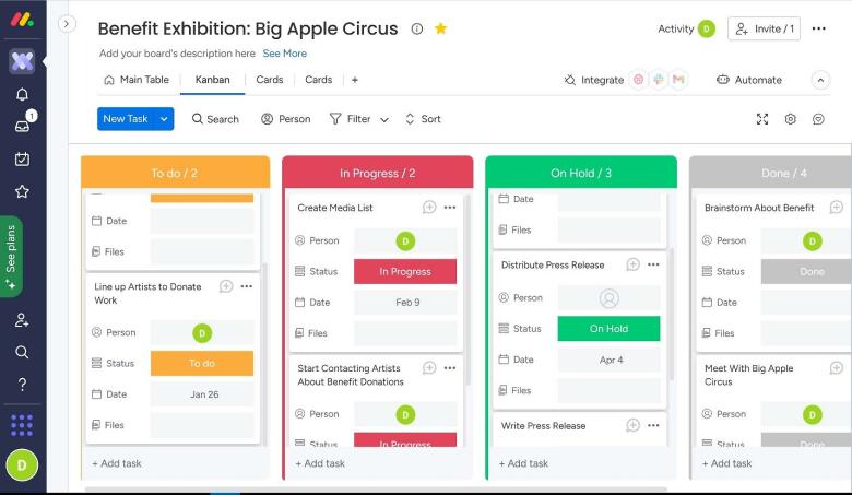 monday.com sample Kanban board.