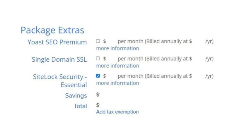 Paid security and performance add-ons offered by Bluehost.