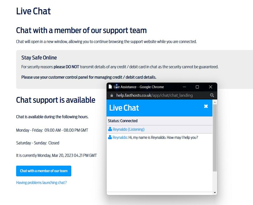 Fasthosts live chat support and pop-up
