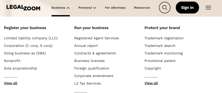 LegalZoom's drop-down Business services menu