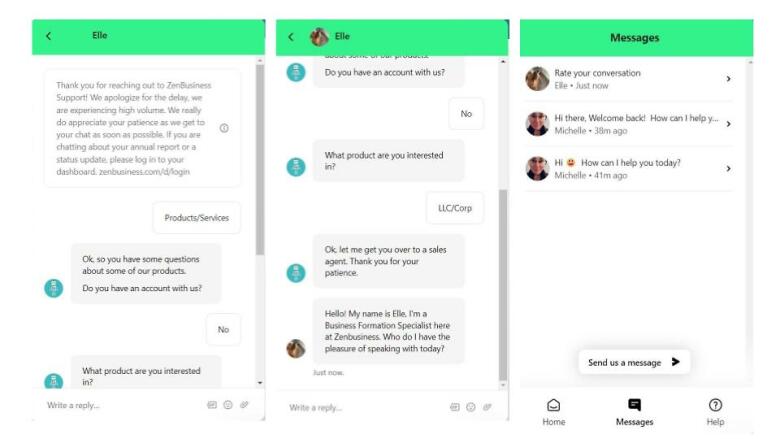 ZenBusiness live chat support experience.