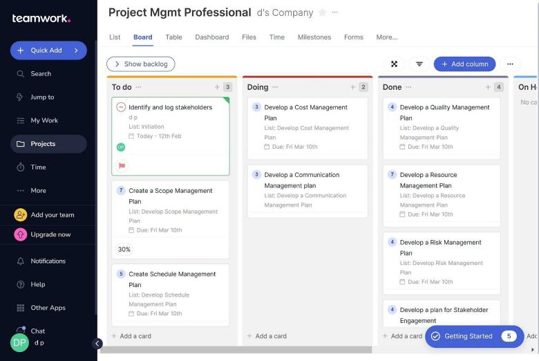 Sample Teamwork Kanban board