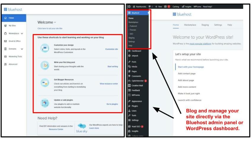 Bluehost WordPress hosting admin panel and WordPress dashboard side by side.