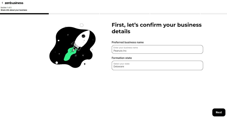 The first page of ZenBusiness' LLC formation sign-up form.