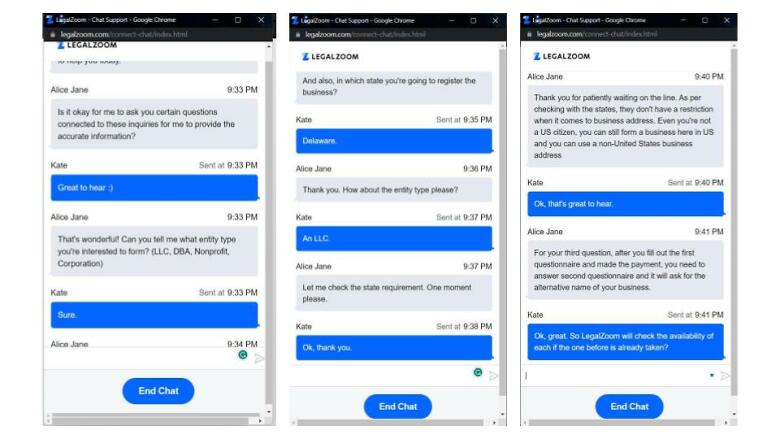 LegalZoom chat bot conversation
