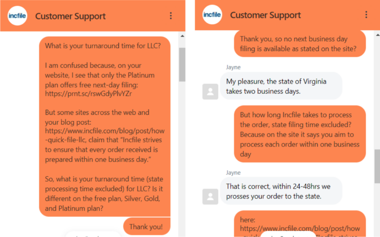 Incfile's live chat support conversation