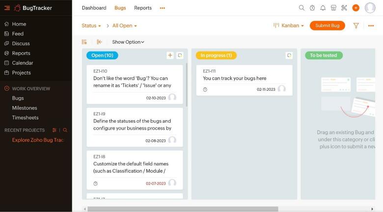 Sample Zoho Projects BugTracker Board