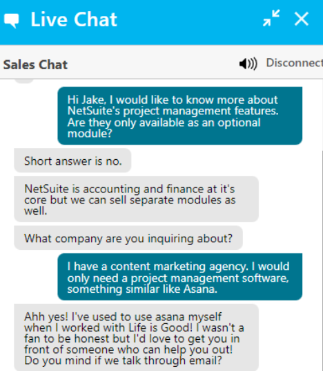 Oracle NetSuite Sales Team Live Chat