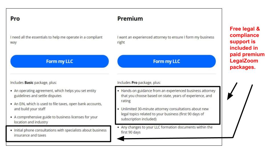 LegalZoom paid LLC formation plan legal support features