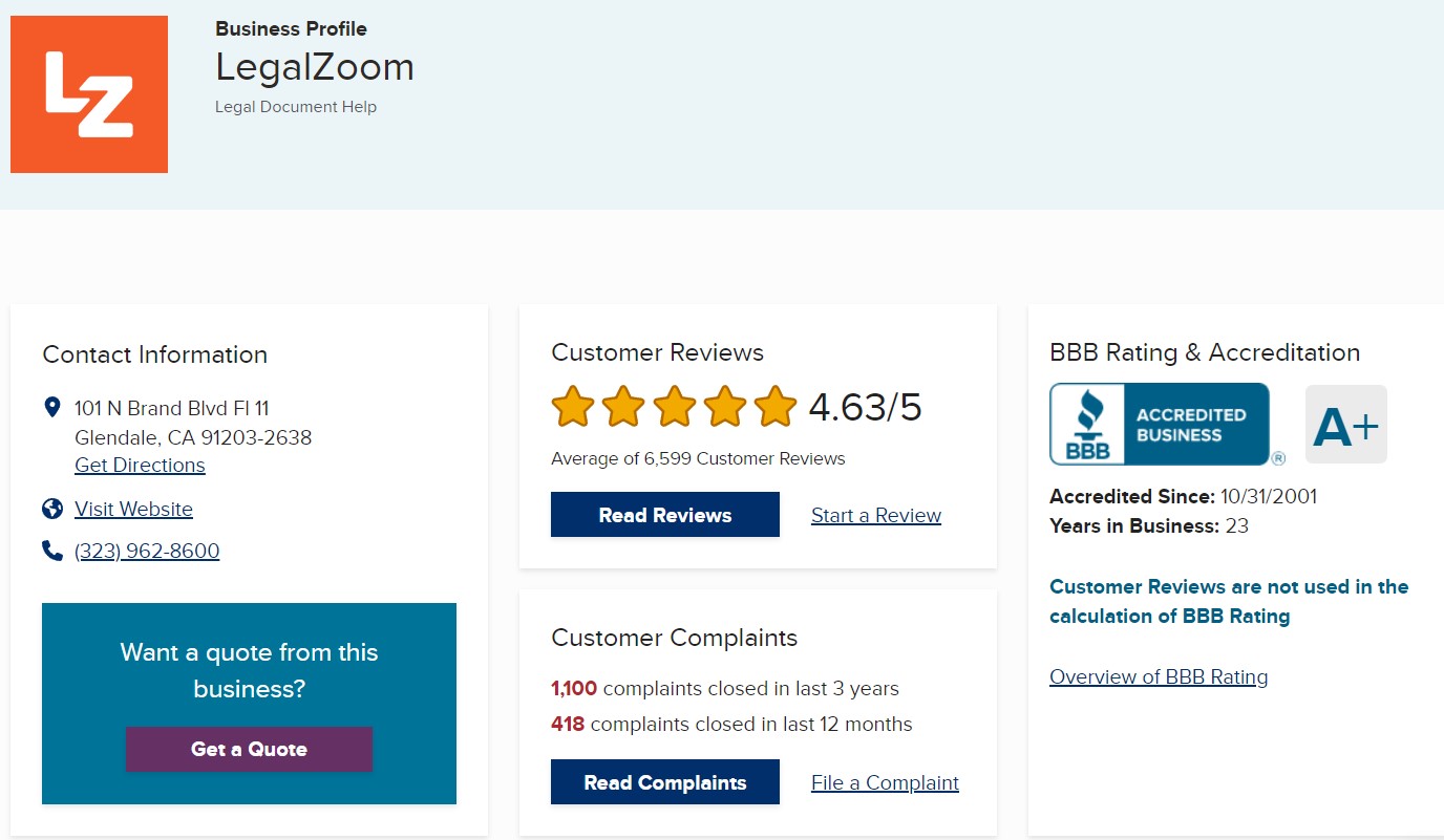 LegalZoom's Better Business Bureau profile and rating.