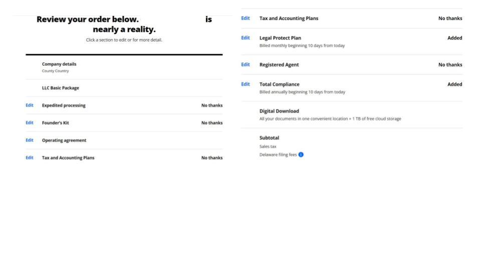 LegalZoom order review page.