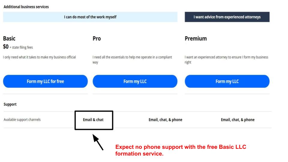 LegalZoom support channels per LLC fomation plan.