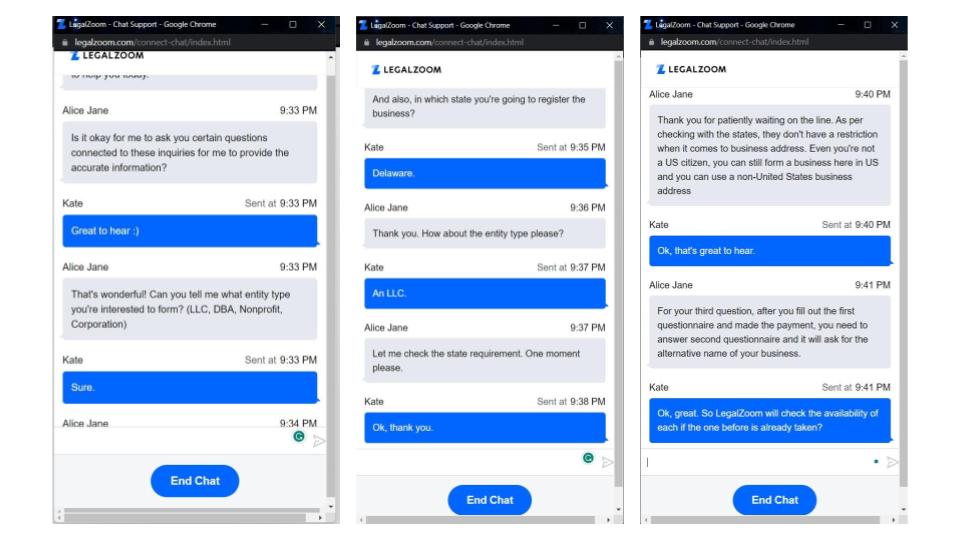 LegalZoom live chat support interaction.