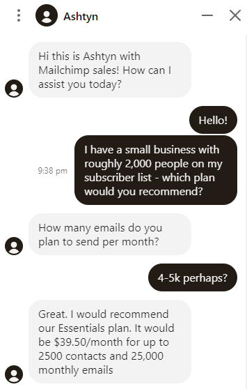 image of an interaction with Mailchimp's support about the most optimal plan for a business with 2,000 contacts