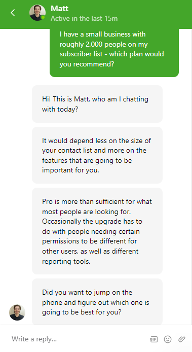 image of an interaction with Keap's support about the most optimal plan for a business with 2,000 contacts