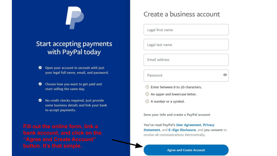 PayPal online form - create an account.