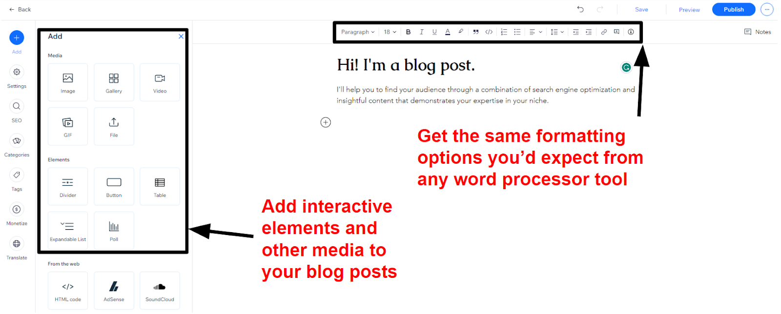 A screenshot of Wix's blog editor showing formatting and additional element options